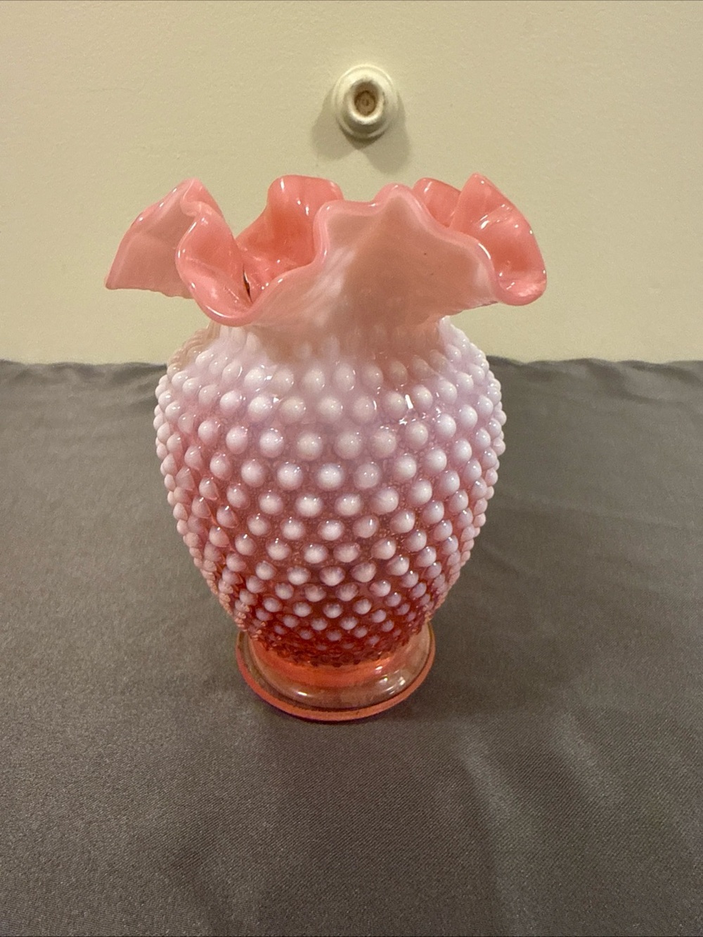Fenton 6in Pink Hobnail Ruffled Glass
